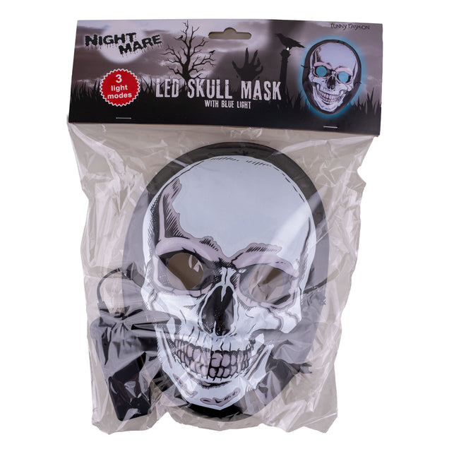 Masker doodskop blauw licht in verpakking met vermelding van 3 lichtstanden