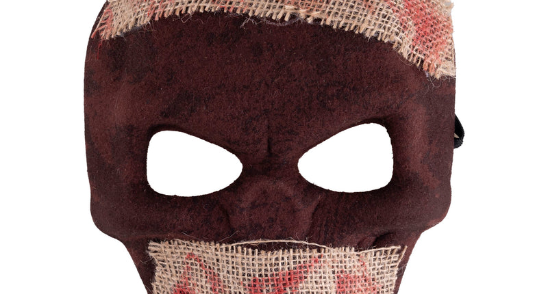 Masker doodskop in donker roodbruin met bebloede jutebanden over voorhoofd en mond
