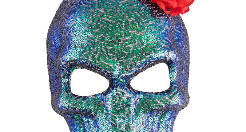 Masker doodskop glitter met blauwgroene pailletten en rode bloem, voor Dia de los Muertos