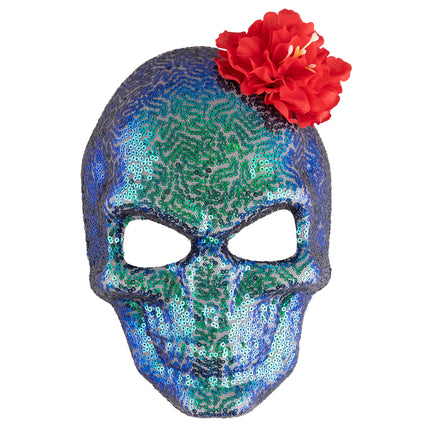 Masker doodskop glitter met blauwgroene pailletten en rode bloem, voor Dia de los Muertos