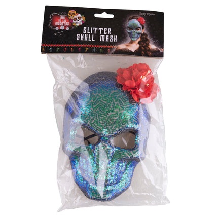 Masker doodskop glitter in verpakking met elastiek en Dia de los Muertos-kaart