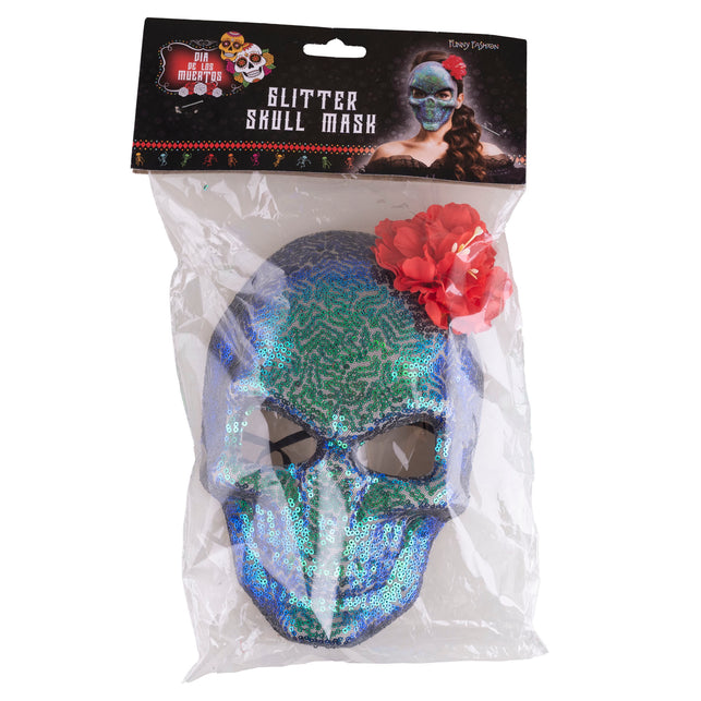 Masker doodskop glitter in verpakking met elastiek en Dia de los Muertos-kaart