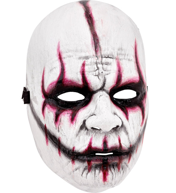 Masker evil joker Lotte, wit gezichtsmasker met zwart-roze strepen rond ogen en mond