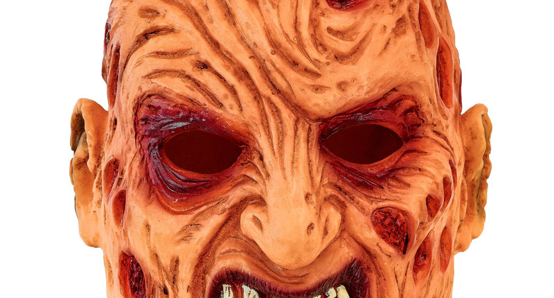 Masker Freddy van latex met verbrand huidkleurig gezicht, open wonden en scheve tanden
