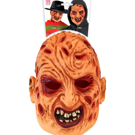 Masker Freddy latex in verpakking van Widmann met voorbeeldfoto's van de horrorlook