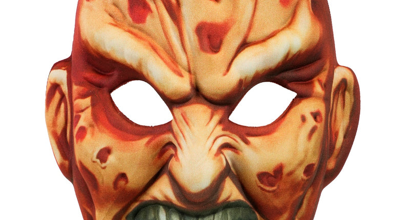 Masker Freddy van stof met verbrand gezicht, groengrijze tanden en uitgesneden ogen