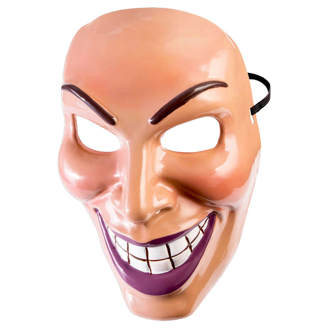 Masker glimlachend van pvc met huidkleurige voorkant, brede paarse grijns en zwart elastiek voor Halloween