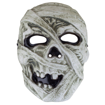 Masker mummie in vuilwit met zwachtelreliëf, zwarte oogholtes en tanden, voor Halloween