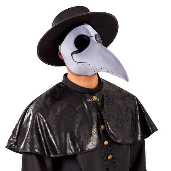 Masker pestdokter in wit latex met lange snavel en ronde oogkappen, gedragen op Halloween