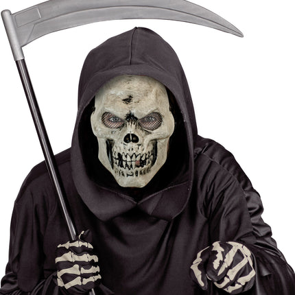 Masker schedel Emma als magere hein-look met zwart gewaad en zeis voor een griezelfeest