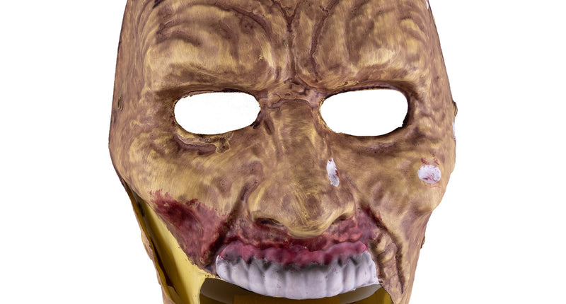 Masker zombie met bewegende kaak, huidkleurig gezicht met wonden en witte tanden, voor Halloween