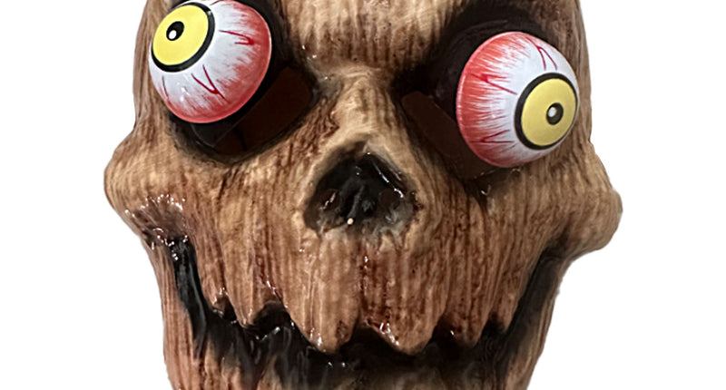Masker zombie van pvc in bruin met uitpuilende gele ogen en grijnzende tanden voor Halloween