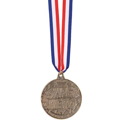 Medaille Super Hero goudkleurig met sterrenrand en rood-wit-blauw halslint