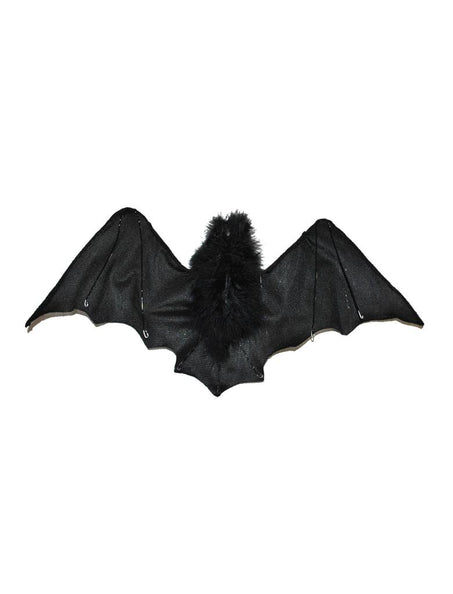 Mega vleermuis voor Halloween in zwart met gespreide vleugels en pluizig lijf, hangdecoratie