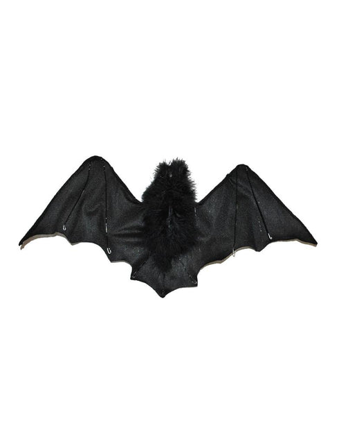 Mega vleermuis voor Halloween in zwart met gespreide vleugels en pluizig lijf, hangdecoratie