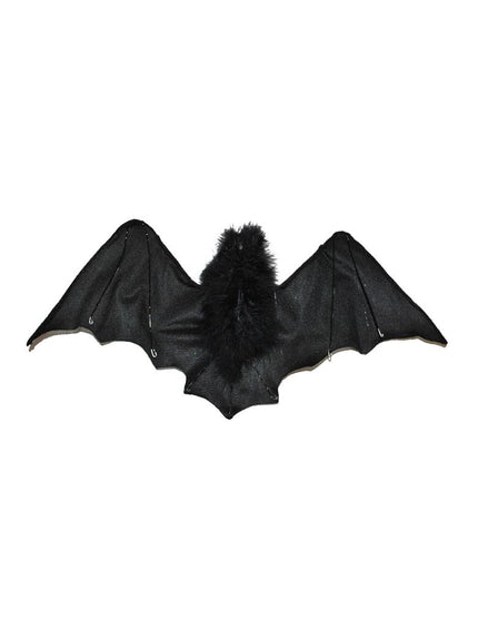 Mega vleermuis voor Halloween in zwart met gespreide vleugels en pluizig lijf, hangdecoratie