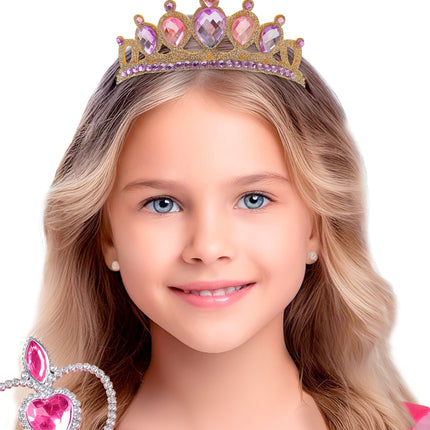 Meisje met gouden prinsessen tiara met lila steentjes op los blond haar