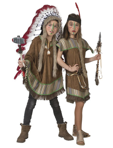 Meisje in de Moonlight indianenjurk naast een kind in een indianenponcho, met schmink en veer