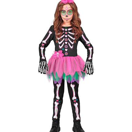 Meisje in skelet kostuum Eva met hoofdband met schedelstrik en roze tutu vooraanzicht