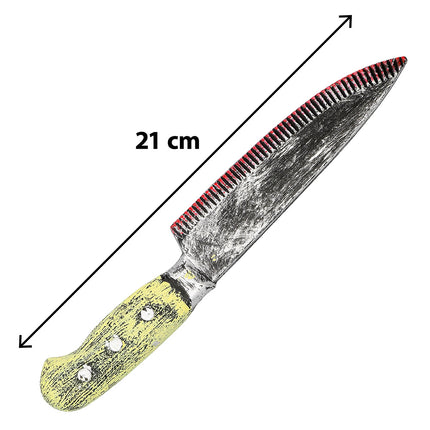 Mes Grimblade 21 cm met rood geribbelde rug, verweerd lemmet en drie klinknagels in het vaalgele heft