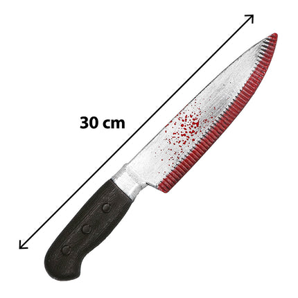 Mes Slasher van 30 cm met rode bloedspatten, rode zaagrand en zwarte greep met drie klinknagels