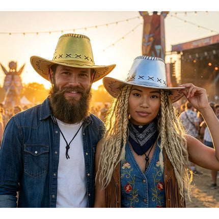 Metallic cowboyhoed Savanne goud met zwarte kruissteken, gedragen bij een spijkerblouse buiten