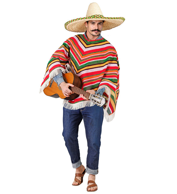Mexicaanse poncho Sanne op heer met sombrero en gitaar, V-vormige strepen voor carnaval