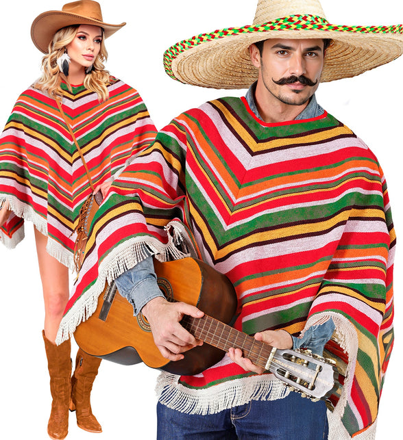 Mexicaanse poncho Sanne met rood-groen-gele strepen en witte franjes, gedragen door dame en heer