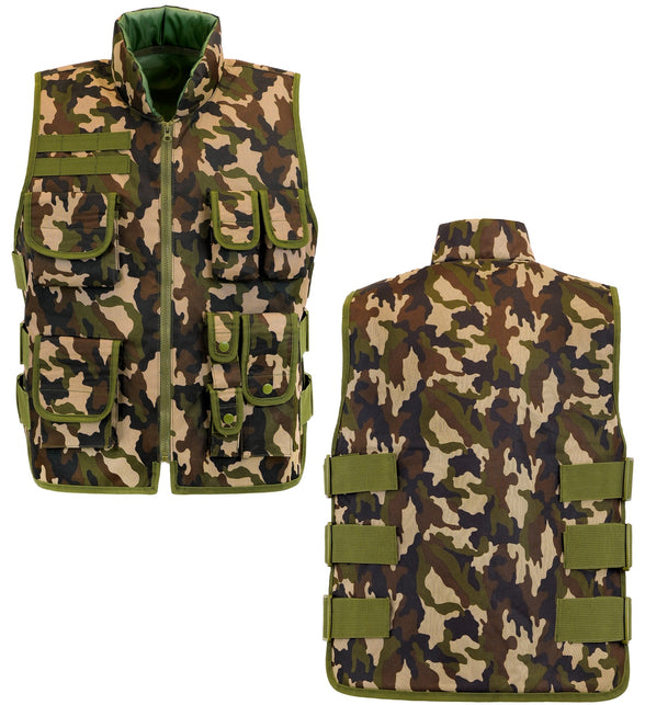 Militair camouflage vest kind in groen bruin met rits en zes zakken, voor- en achterkant