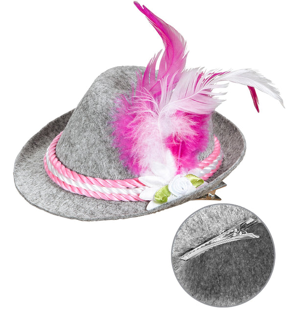 Mini Beierse fedora rose in grijs met roze-wit koord, roze veren en detailfoto van de haarclip