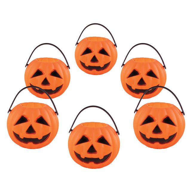 Mini pompoen ketels voor Halloween, set van zes oranje emmertjes met zwart hengsel