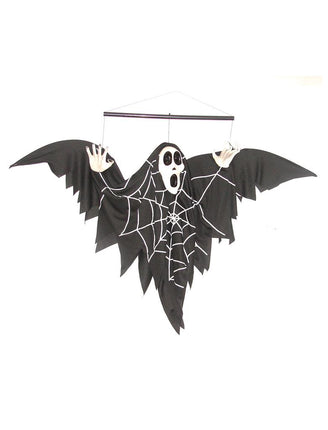 Mobiel spook hangdecoratie met wit gilmasker, witte spinnenwebprint en zwarte vleugels voor Halloween