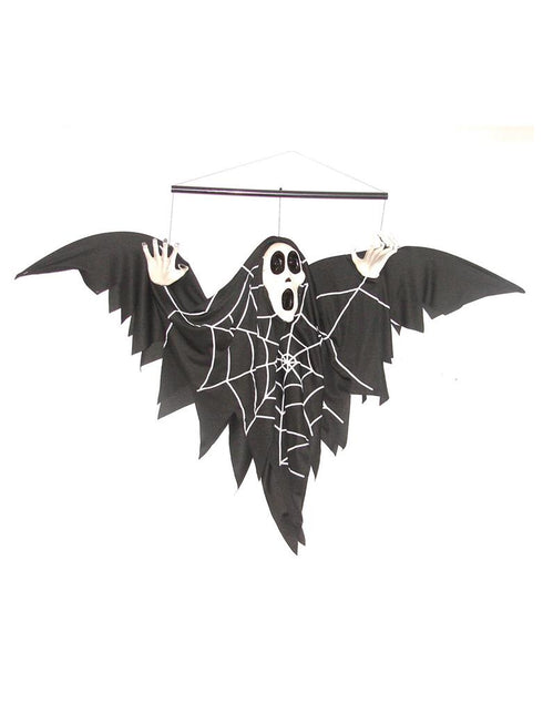 Mobiel spook hangdecoratie met wit gilmasker, witte spinnenwebprint en zwarte vleugels voor Halloween