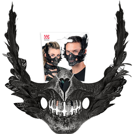 Mondmasker schedel met veren met verpakkingskaart, halve schedel met open tandenrij