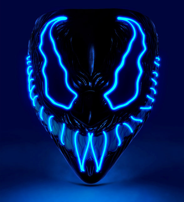 Monster masker led blauw met oplichtende blauwe contouren rond ogen en tanden voor Halloween