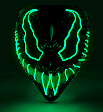 Monster masker led groen met groen oplichtende draden rond de ogen en brede tandenrij