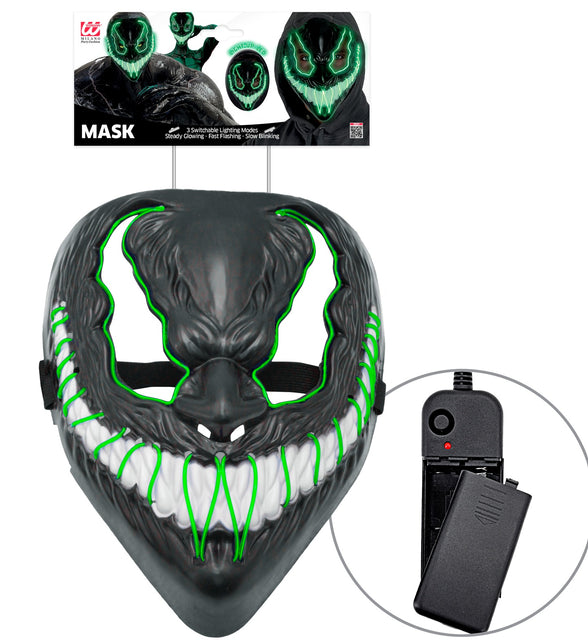 Monster masker led groen in verpakking met batterijkastje en groene lichtdraden