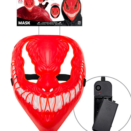 Monster masker led rood in verpakking met los batterijkastje en zwarte elastieken band