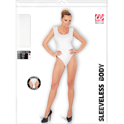 Mouwloze body wit voor dames in verpakking met maattabel en knoopsluiting in het kruis