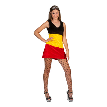 Mouwloze vlagjurk in zwart, geel en rood met V-hals, kort model boven de knie