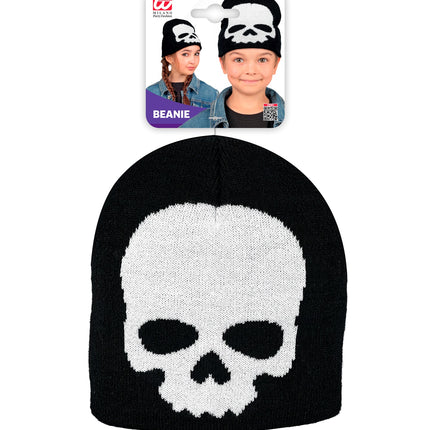 Muts schedel in verpakking met zwarte gebreide beanie en wit schedelmotief