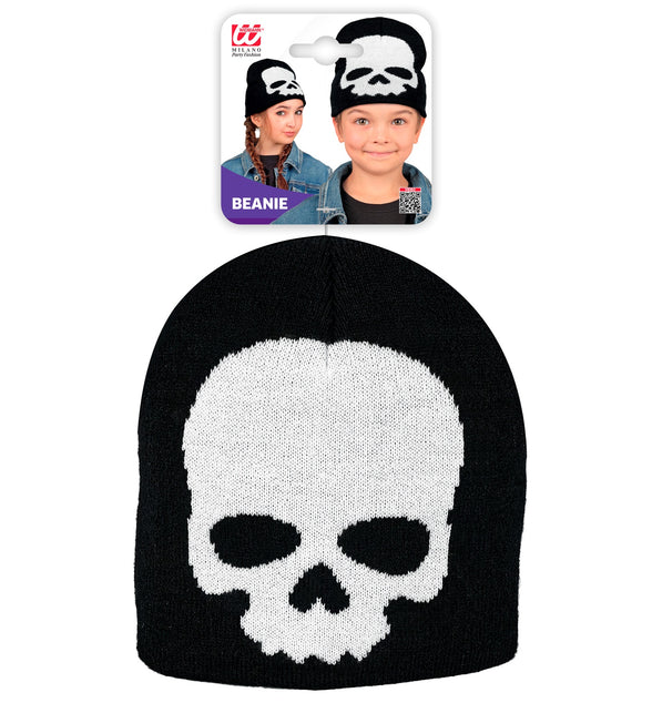 Muts schedel in verpakking met zwarte gebreide beanie en wit schedelmotief