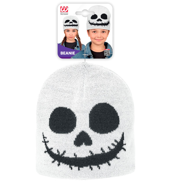 Muts spook in verpakking met kaartje, witte beanie met skeletprint