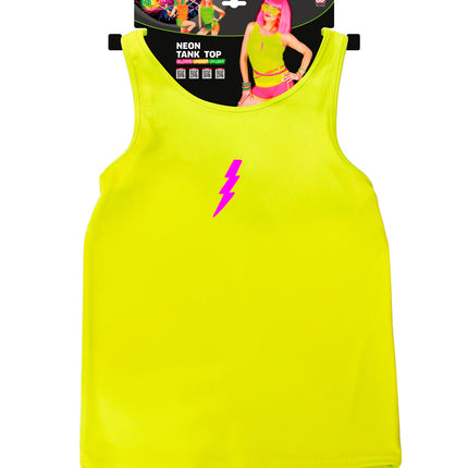 Neon geel hemdje plat gelegd in verpakking, felgele tanktop met roze bliksemprint