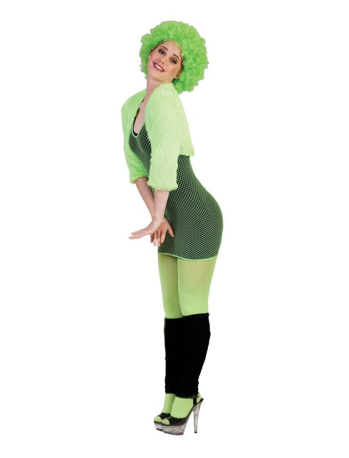 Neon groen netjurkje van opzij gedragen, kort model tot halverwege het bovenbeen, jaren 80-look