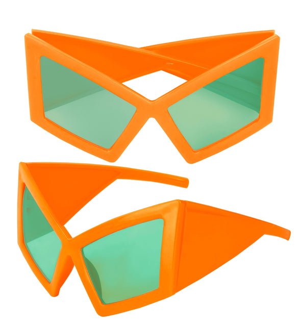 Neon oranje feestbril oversized, glanzend kunststof montuur met brede poten, twee aanzichten