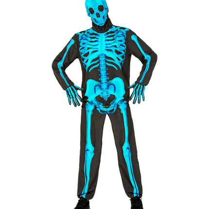 Neon skelet kostuum Harry op model, blauwe skeletprint van schedel tot enkels