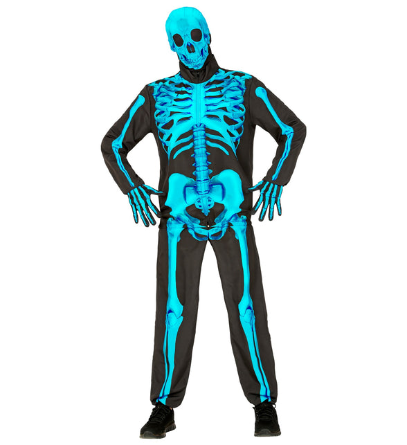 Neon skelet kostuum Harry op model, blauwe skeletprint van schedel tot enkels