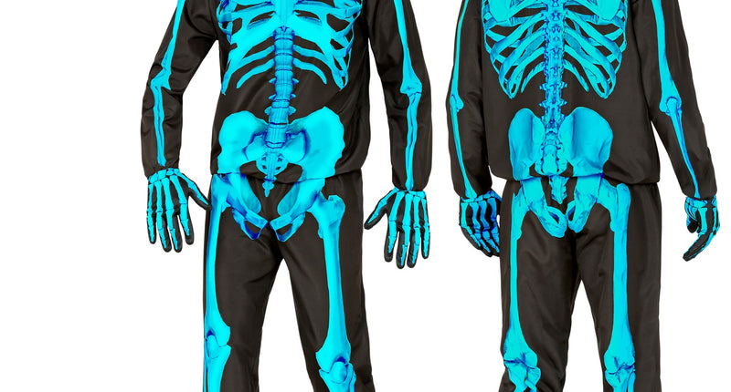 Neon skelet kostuum kind in zwart met felblauwe botopdruk, voor- en achterzijde, voor Halloween