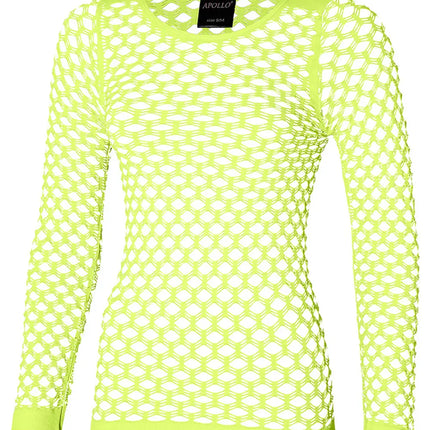 Neongeel visnetshirt dames vooraanzicht met ronde hals en geribde boorden